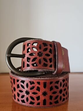 Brown Cut-Out Leather Belt with Antique Buckle